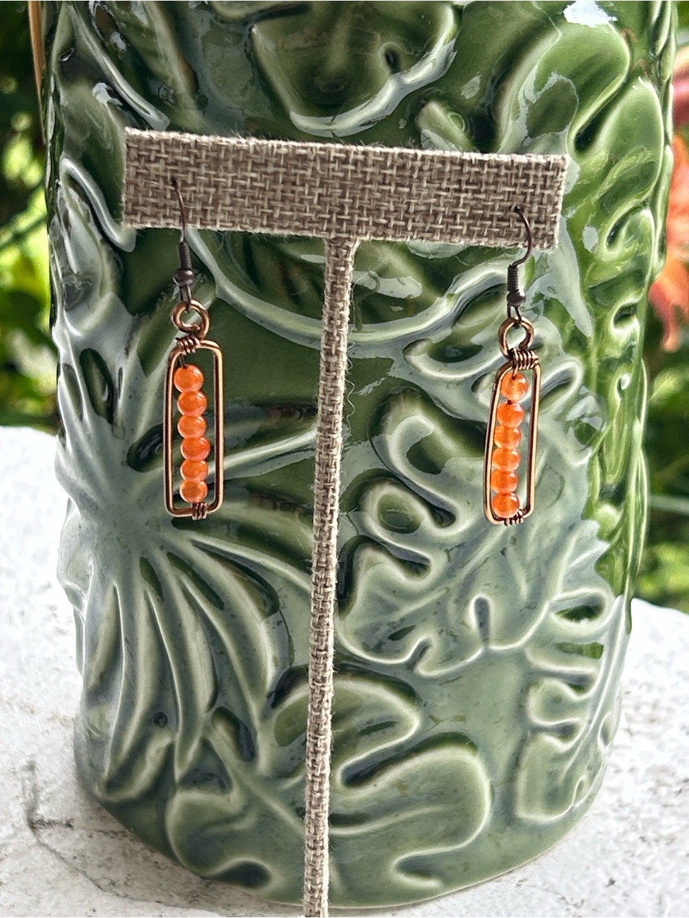 Artisan Boho Orange Jade Bead and.Copper Drop Earrings